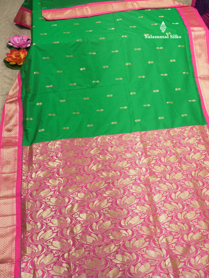 11 Yards Green Semi Silk Saree with Contrast Pink Border