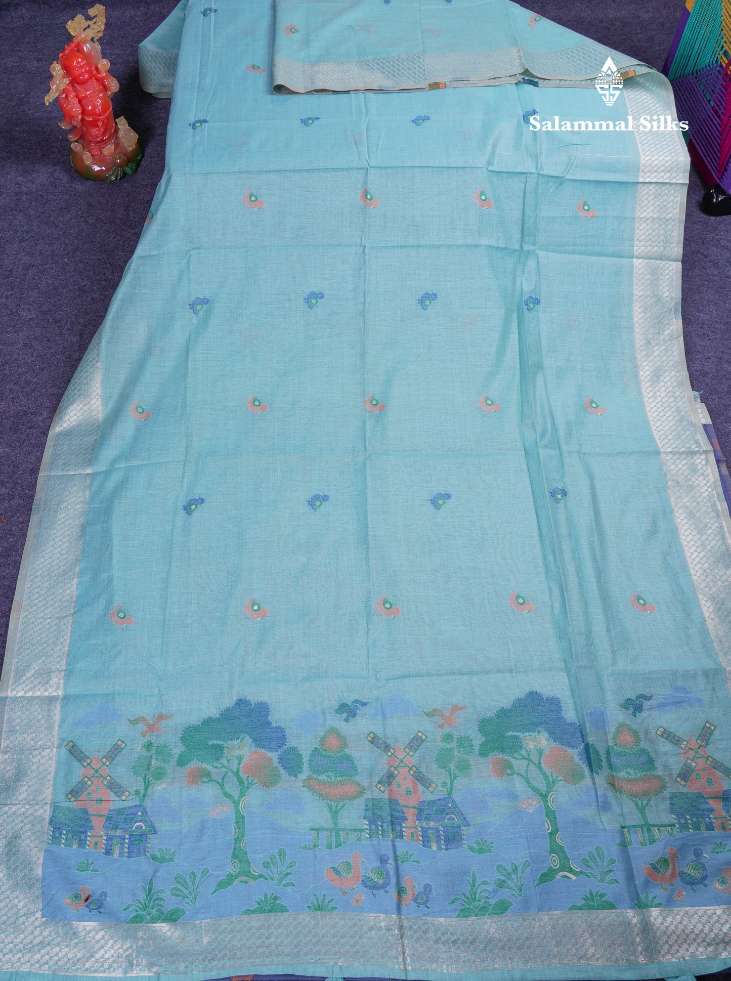 Beautiful Pastel Blue Thread Work Butta Muga Cotton Saree With Contrast Grey Blouse