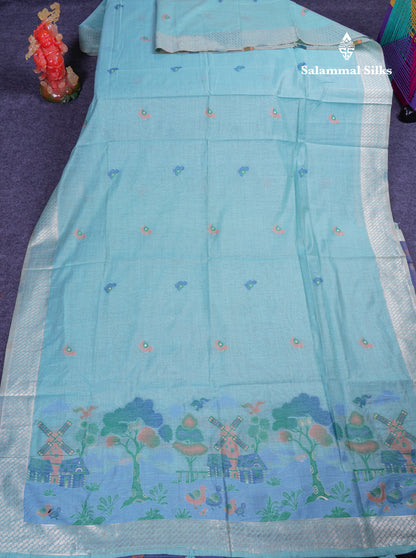 Beautiful Pastel Blue Thread Work Butta Muga Cotton Saree With Contrast Grey Blouse