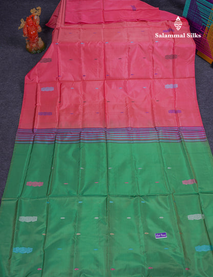 Pinkish Peach Thread work Buttas Banana Pinth Saree (Vaazhainaar Pattu) With Contrast Saffire Green Blouse