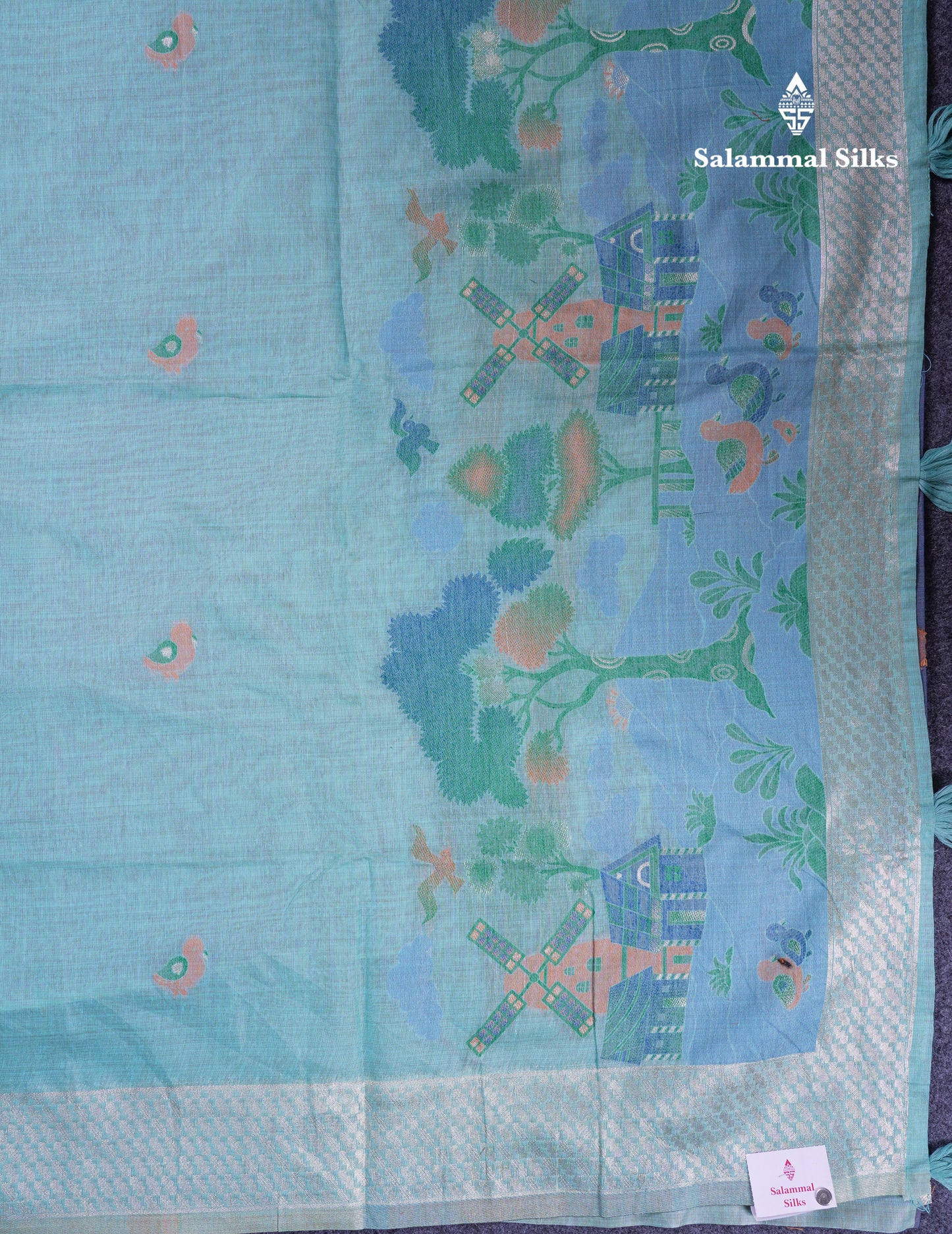 Beautiful Pastel Blue Thread Work Butta Muga Cotton Saree With Contrast Grey Blouse