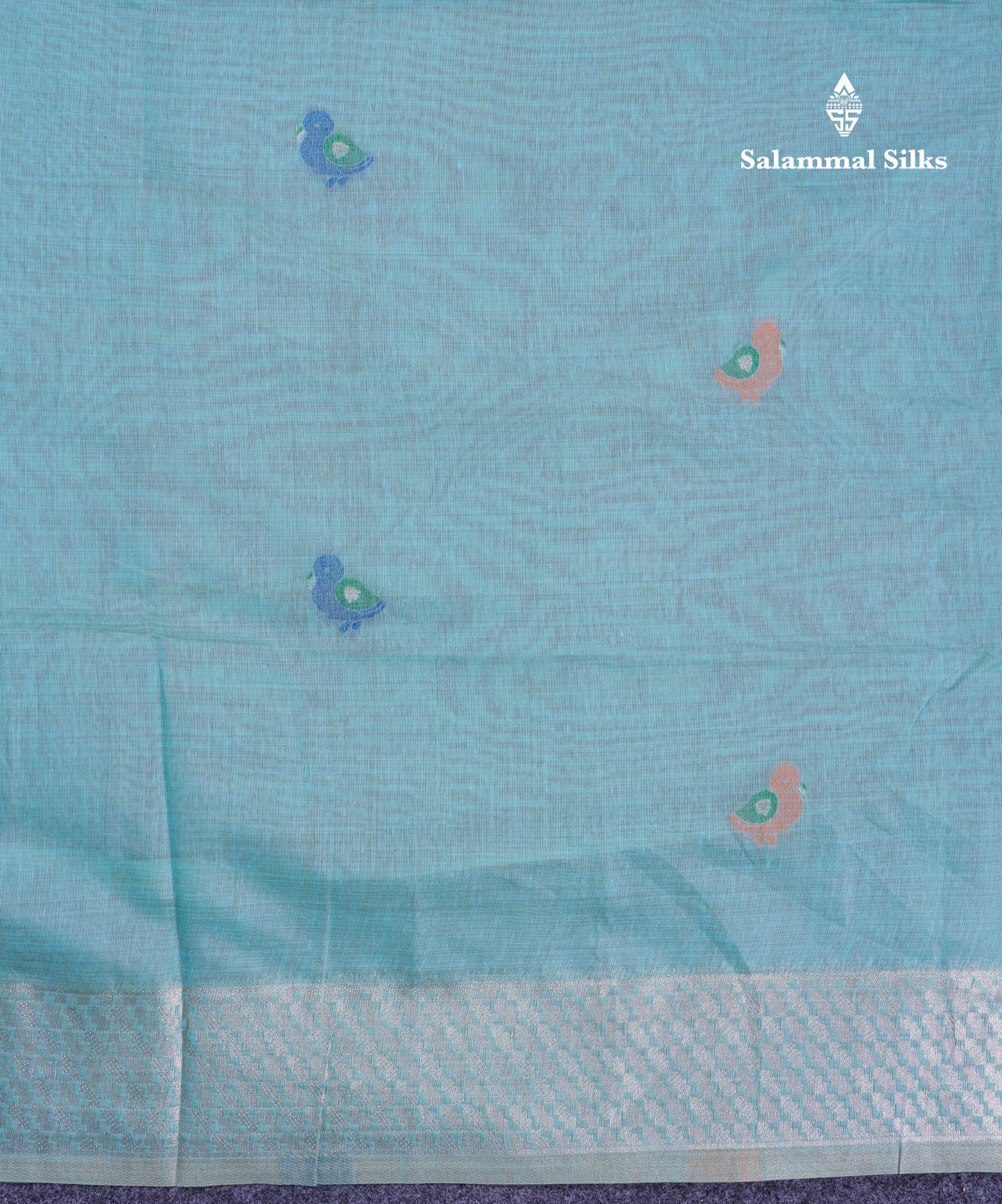 Beautiful Pastel Blue Thread Work Butta Muga Cotton Saree With Contrast Grey Blouse
