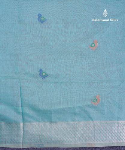 Beautiful Pastel Blue Thread Work Butta Muga Cotton Saree With Contrast Grey Blouse