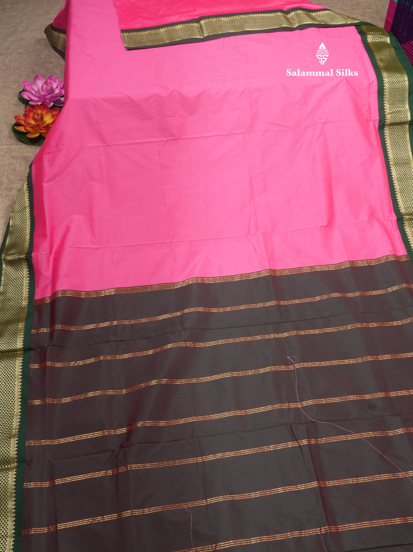 9.5 Yards Semi Silk Saree Pink with Contrast Bottle Green Border