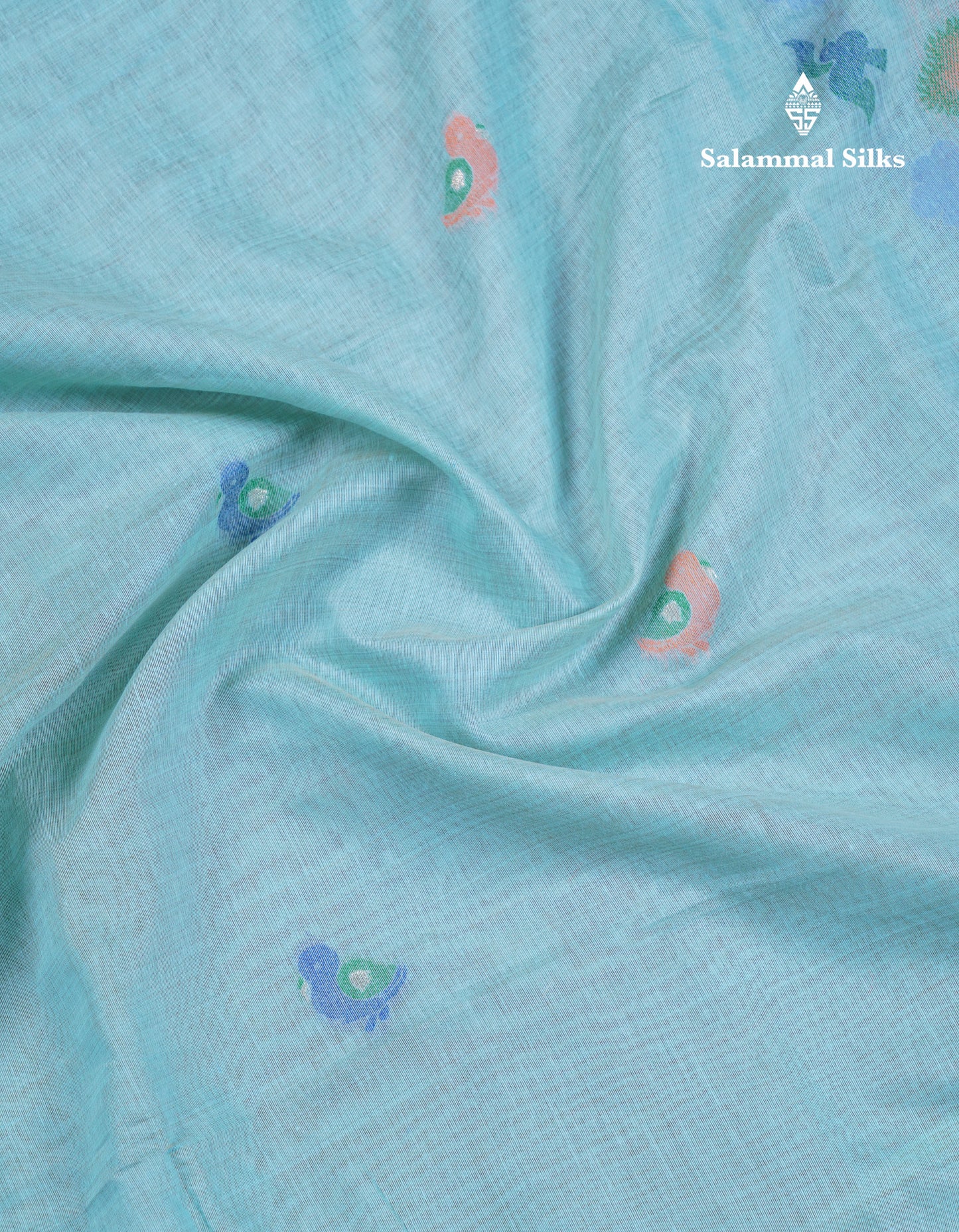Beautiful Pastel Blue Thread Work Butta Muga Cotton Saree With Contrast Grey Blouse