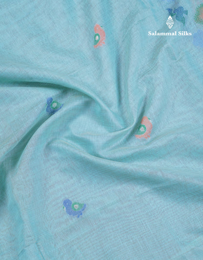 Beautiful Pastel Blue Thread Work Butta Muga Cotton Saree With Contrast Grey Blouse