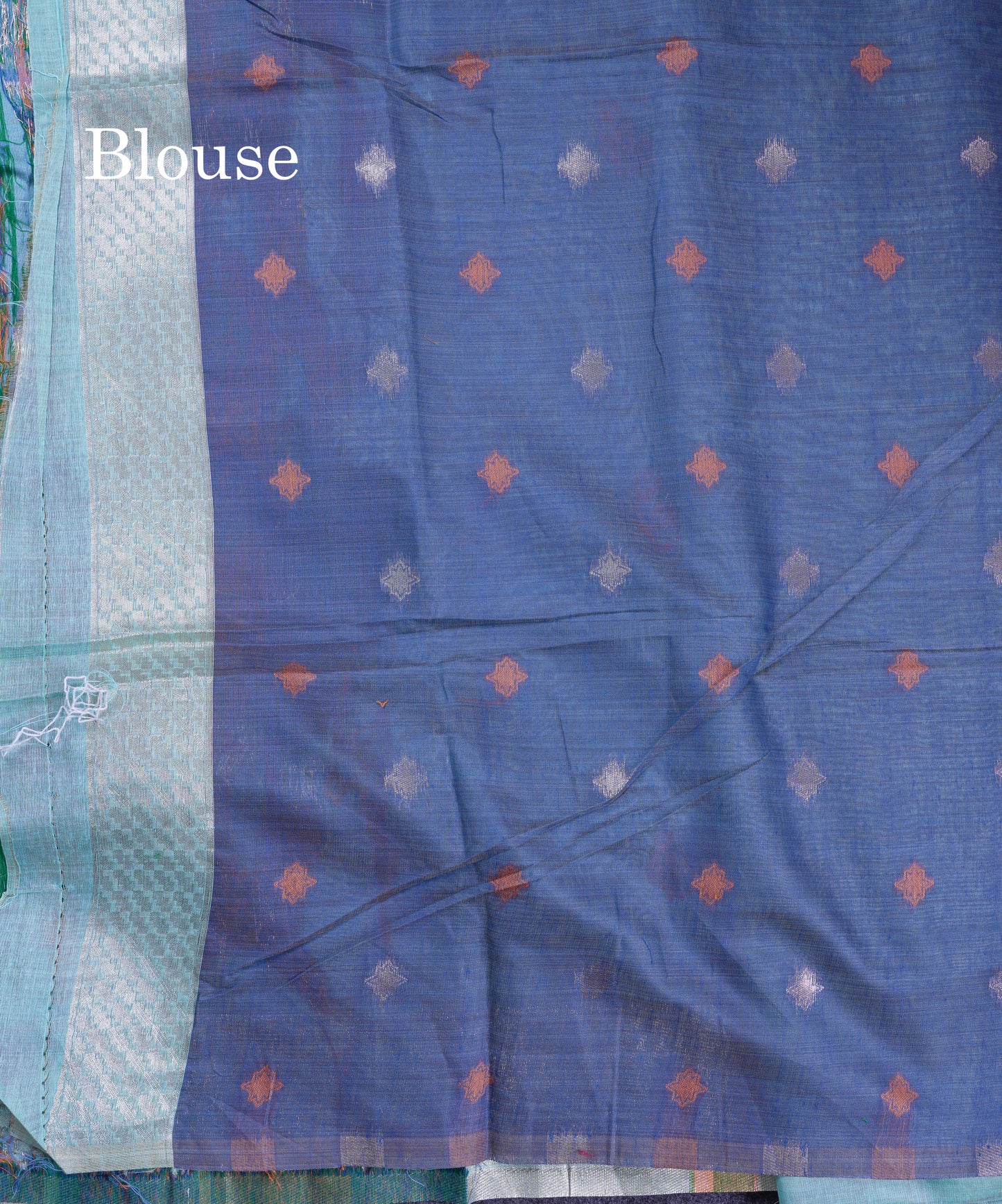 Beautiful Pastel Blue Thread Work Butta Muga Cotton Saree With Contrast Grey Blouse