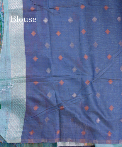 Beautiful Pastel Blue Thread Work Butta Muga Cotton Saree With Contrast Grey Blouse