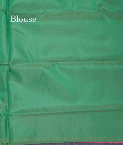 Pinkish Peach Thread work Buttas Banana Pinth Saree (Vaazhainaar Pattu) With Contrast Saffire Green Blouse