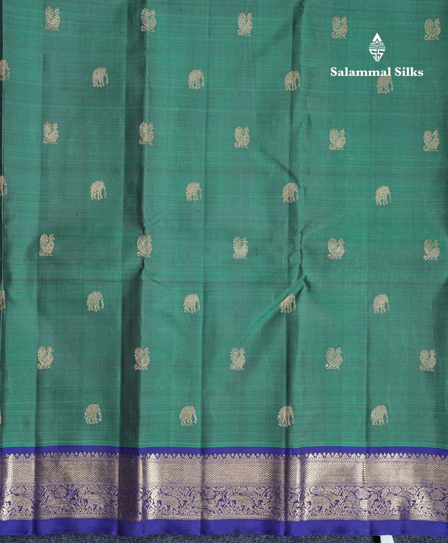 Dual Tone Green Beautiful Traditional Buttas Pure Kanjivaram Silk Saree Pure Zari with Royal Blue Border