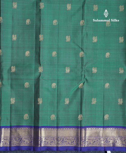 Dual Tone Green Beautiful Traditional Buttas Pure Kanjivaram Silk Saree Pure Zari with Royal Blue Border