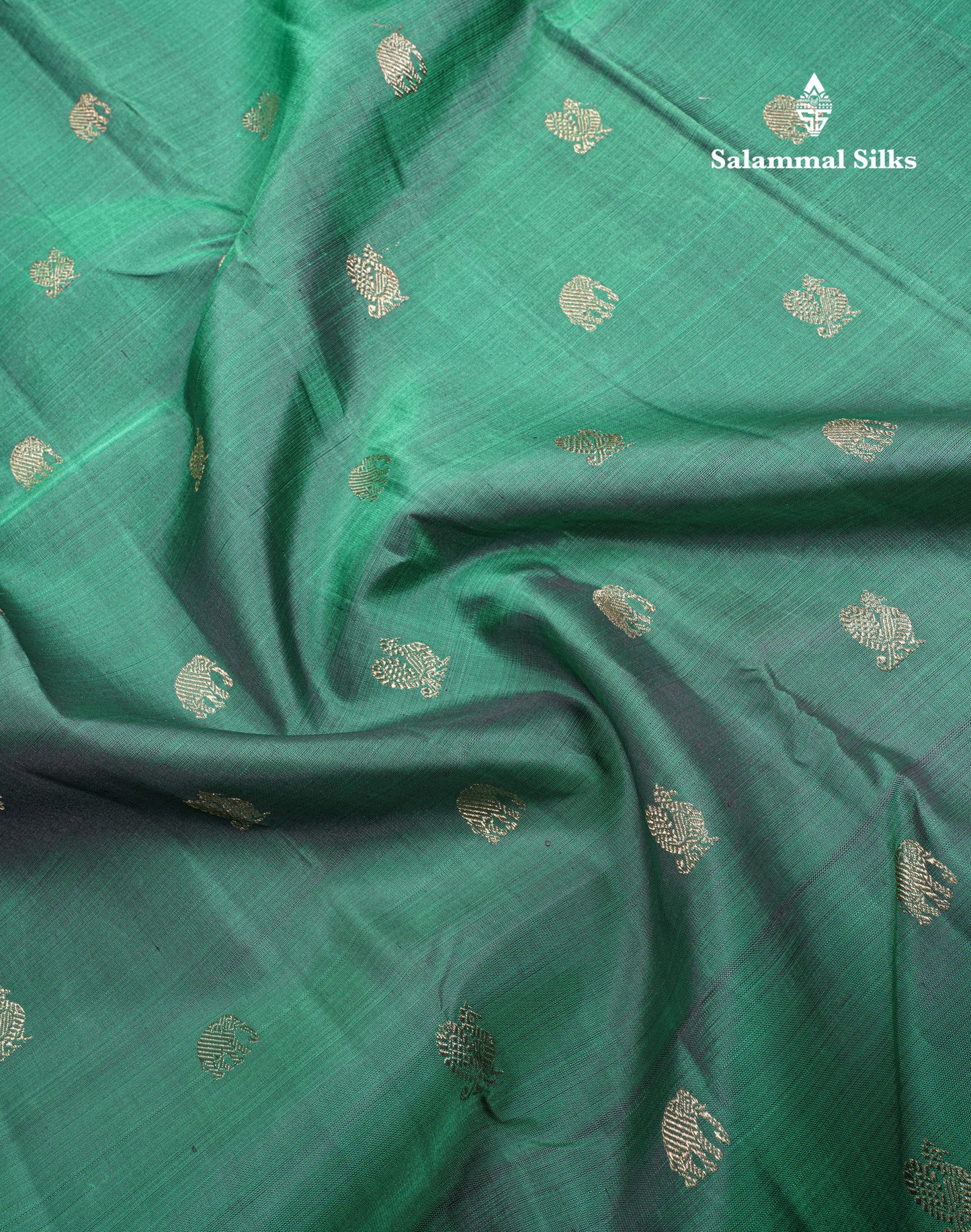Dual Tone Green Beautiful Traditional Buttas Pure Kanjivaram Silk Saree Pure Zari with Royal Blue Border