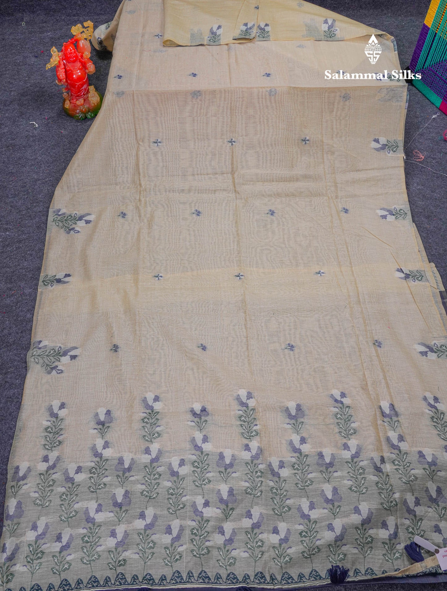 Beautiful Cream Sandal Thread Work Butta Muga Cotton Saree With Contrast Navy Blue Blouse