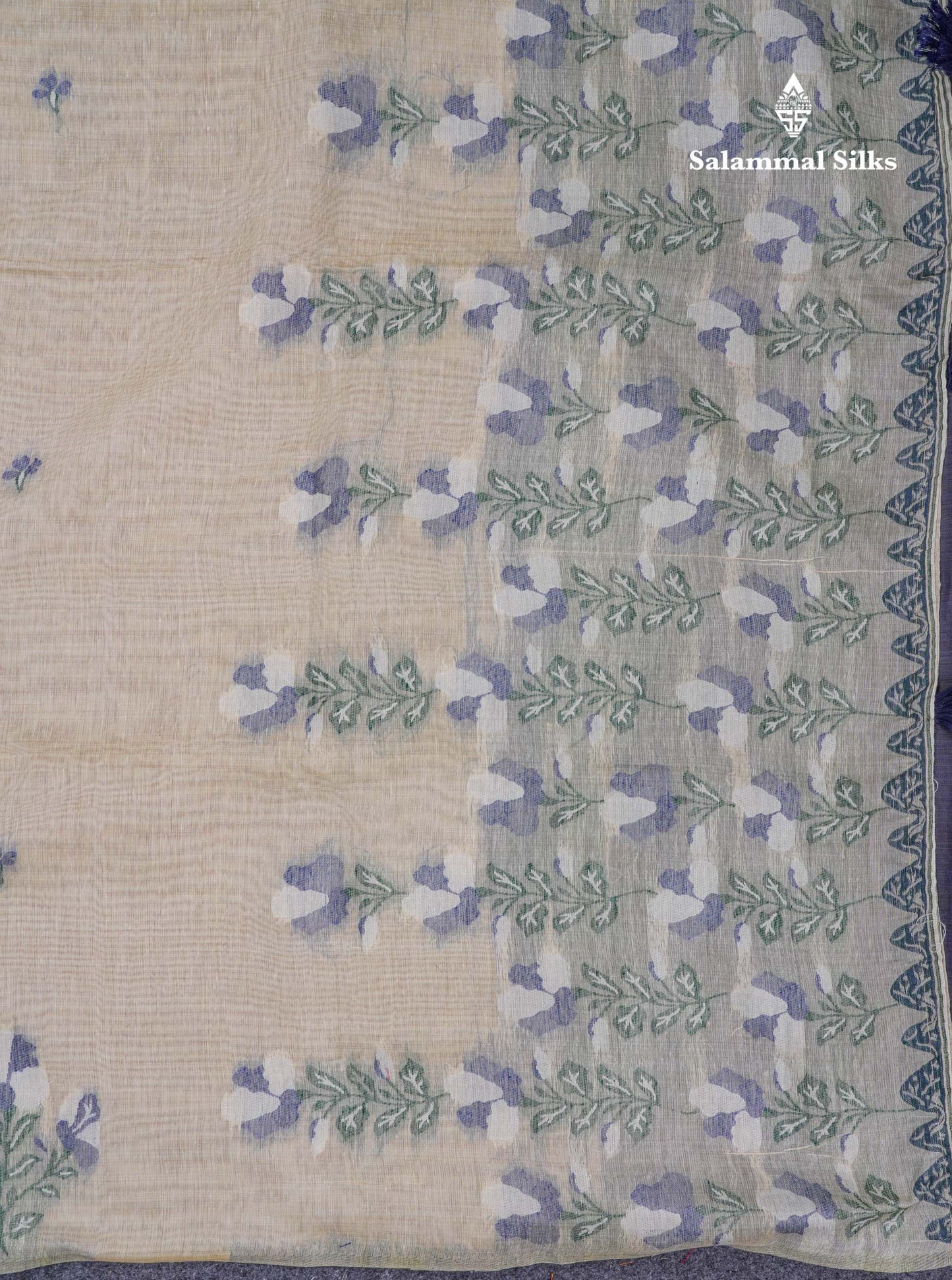 Beautiful Cream Sandal Thread Work Butta Muga Cotton Saree With Contrast Navy Blue Blouse