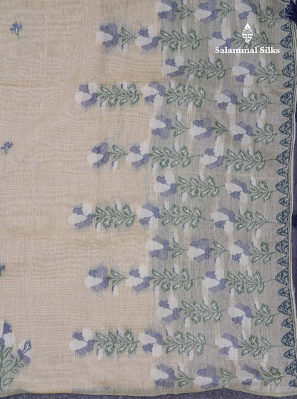 Beautiful Cream Sandal Thread Work Butta Muga Cotton Saree With Contrast Navy Blue Blouse
