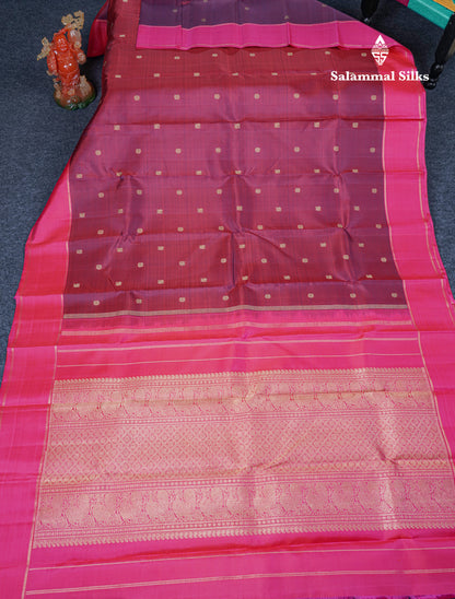 Dual Tone Maroon Small Buttas Pure Kanjivaram Silk Saree Pure Zari with Magenta Pink Border