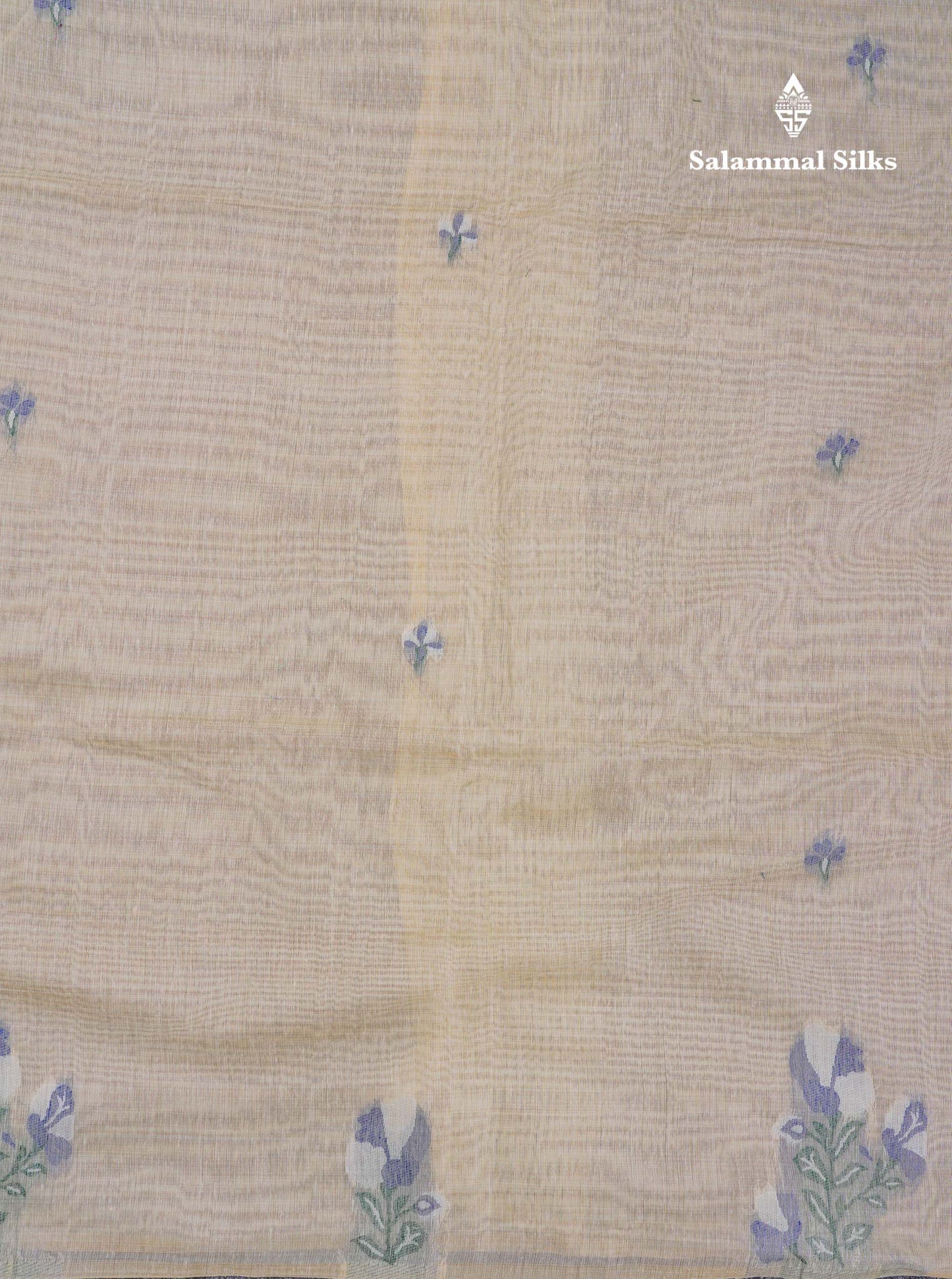 Beautiful Cream Sandal Thread Work Butta Muga Cotton Saree With Contrast Navy Blue Blouse