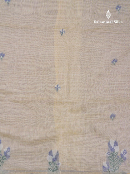 Beautiful Cream Sandal Thread Work Butta Muga Cotton Saree With Contrast Navy Blue Blouse