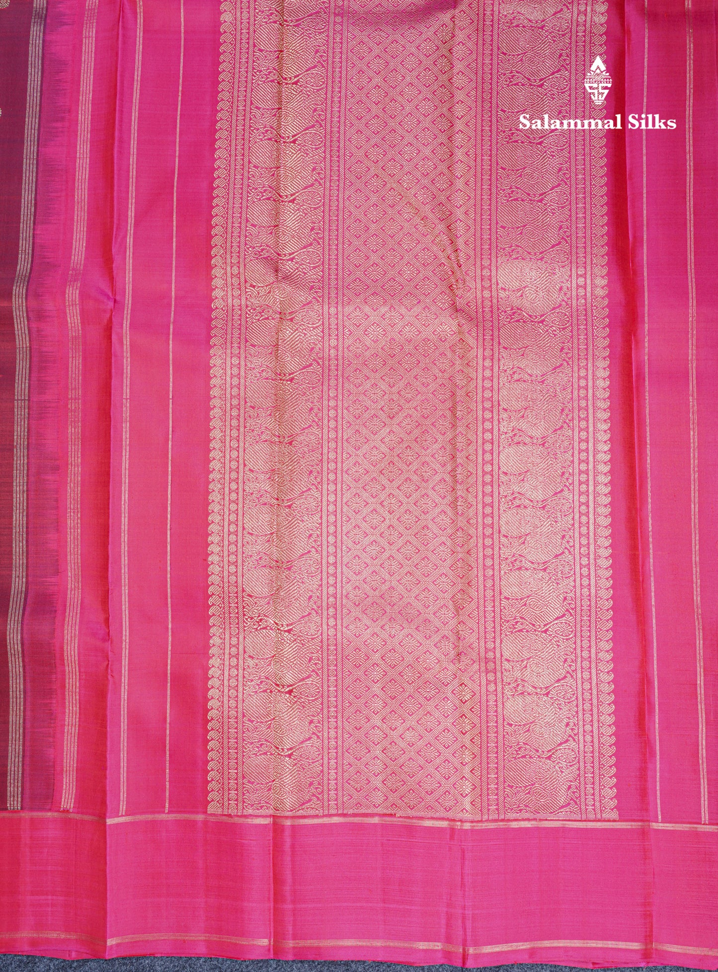 Dual Tone Maroon Small Buttas Pure Kanjivaram Silk Saree Pure Zari with Magenta Pink Border