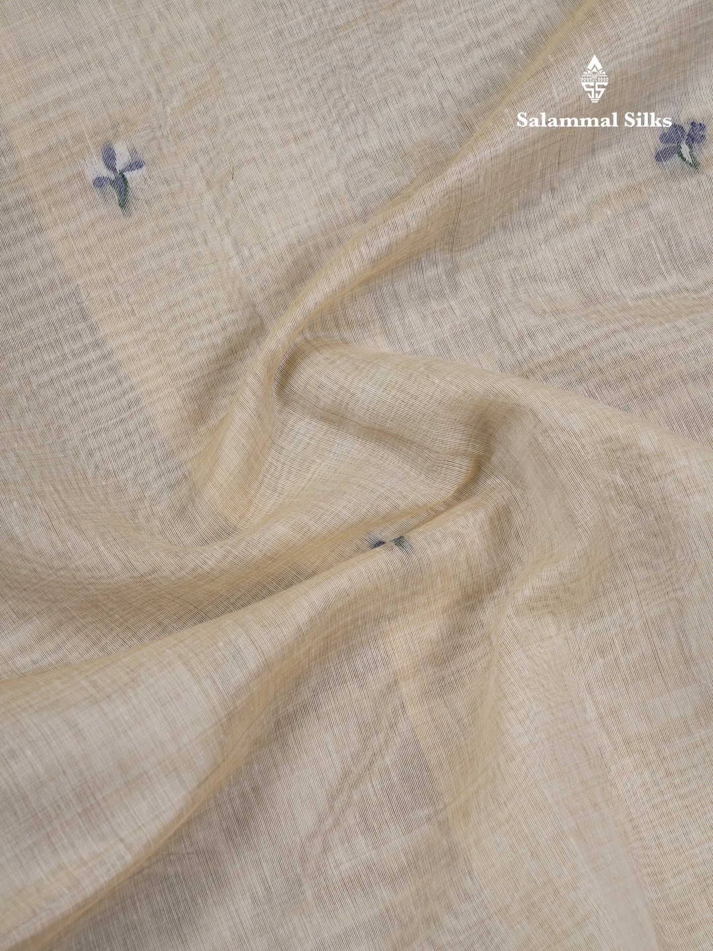 Beautiful Cream Sandal Thread Work Butta Muga Cotton Saree With Contrast Navy Blue Blouse