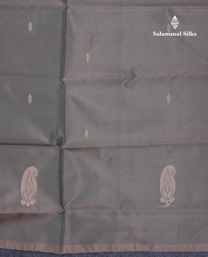 Elephant Grey Thread work Buttas Banana Pinth Saree (Vaazhainaar Pattu) With Contrast Navy Blue Blouse