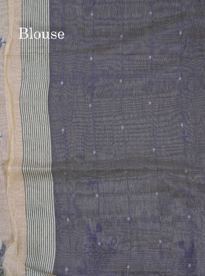 Beautiful Cream Sandal Thread Work Butta Muga Cotton Saree With Contrast Navy Blue Blouse