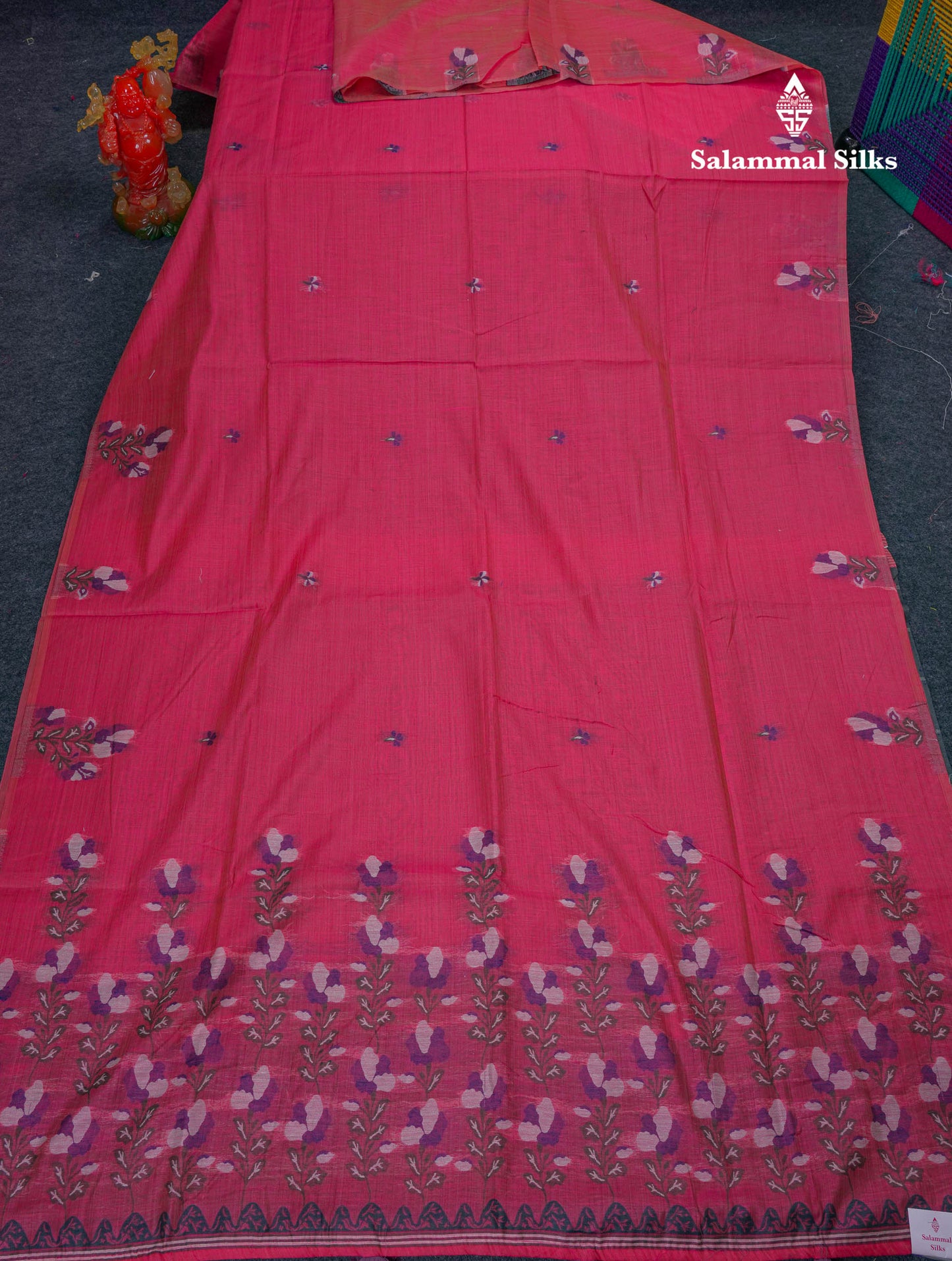 Beautiful Lavender Thread Work Butta Cotton Mix Saree With Contrast Magenta Blouse