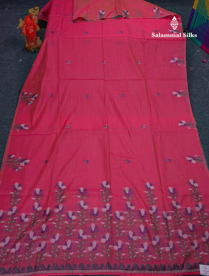 Beautiful Lavender Thread Work Butta Cotton Mix Saree With Contrast Magenta Blouse