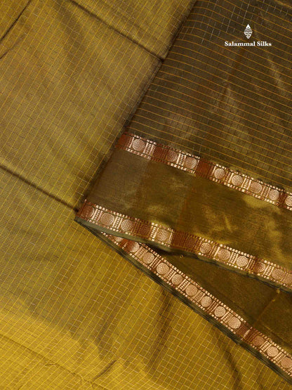 Semi Silk Saree - Orange Colour Body Zari Checks With Butta & Traditional Rettapet Border