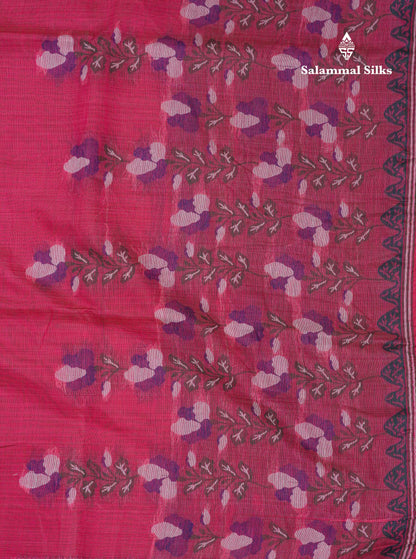 Beautiful Lavender Thread Work Butta Cotton Mix Saree With Contrast Magenta Blouse