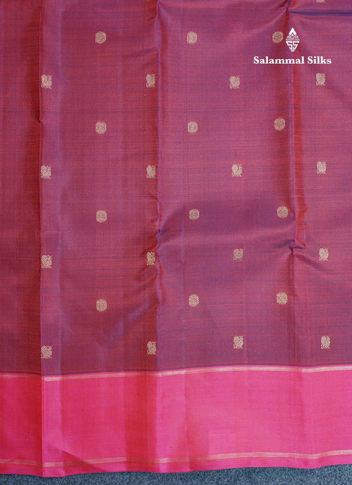 Dual Tone Maroon Small Buttas Pure Kanjivaram Silk Saree Pure Zari with Magenta Pink Border