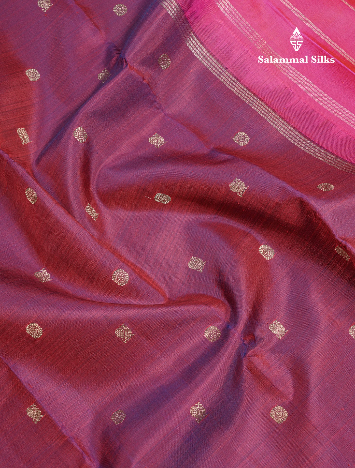 Dual Tone Maroon Small Buttas Pure Kanjivaram Silk Saree Pure Zari with Magenta Pink Border
