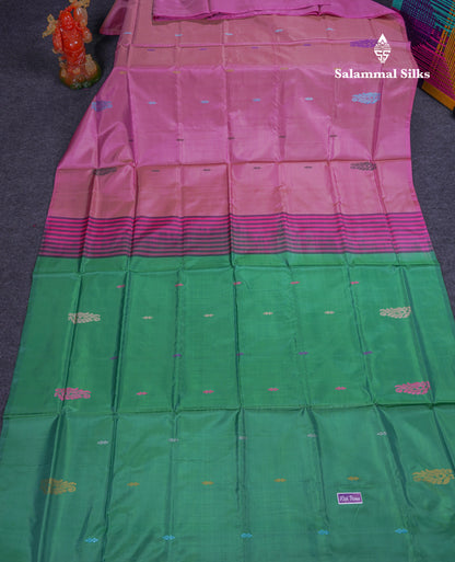 Light Pink Thread work Buttas Banana Pinth Saree (Vaazhainaar Pattu) With Contrast Saffire Green Blouse
