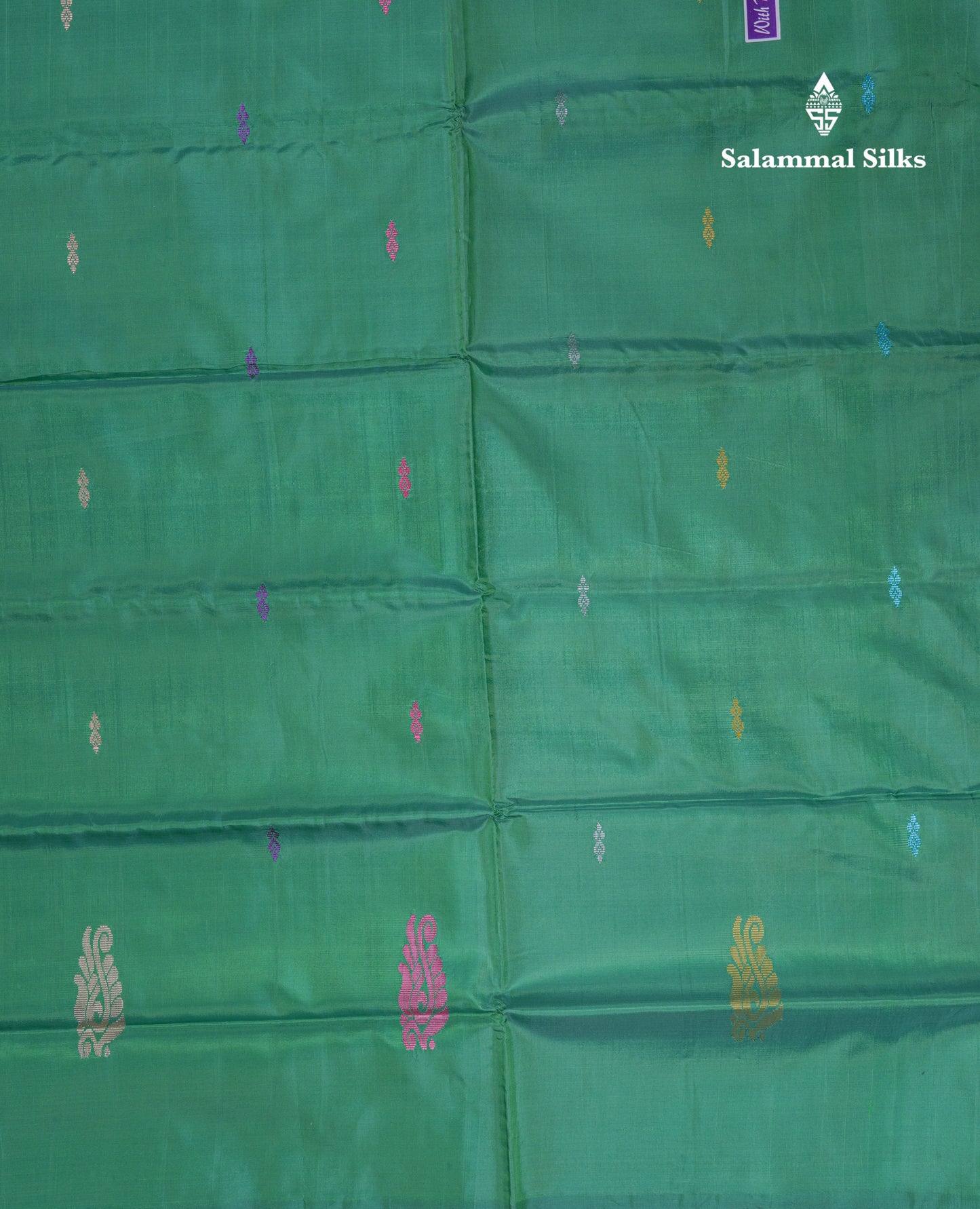Light Pink Thread work Buttas Banana Pinth Saree (Vaazhainaar Pattu) With Contrast Saffire Green Blouse