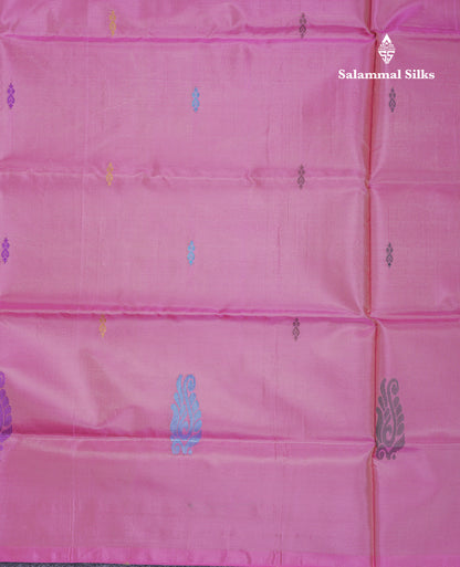 Light Pink Thread work Buttas Banana Pinth Saree (Vaazhainaar Pattu) With Contrast Saffire Green Blouse