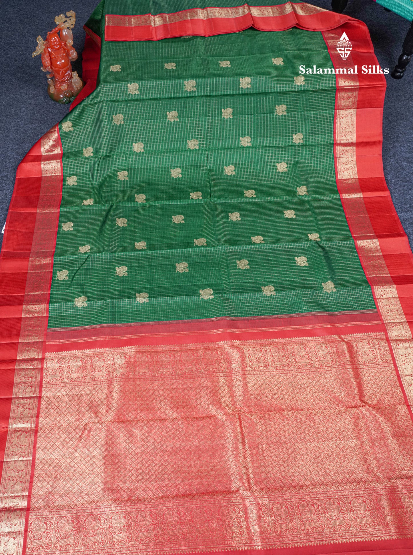 Bottle Green Beautiful Checks And Buttas Pure Kanjivaram Silk Saree Pure Zari with Traditional Red Korvai Border