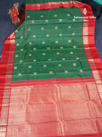 Bottle Green Beautiful Checks And Buttas Pure Kanjivaram Silk Saree Pure Zari with Traditional Red Korvai Border