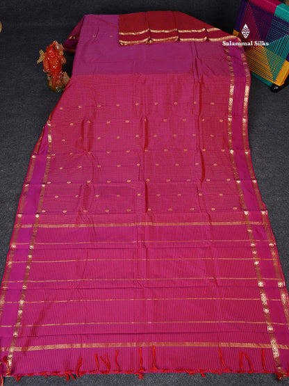 Semi Silk Saree - Orange Colour Body Zari Checks With Butta & Traditional Rettapet Border