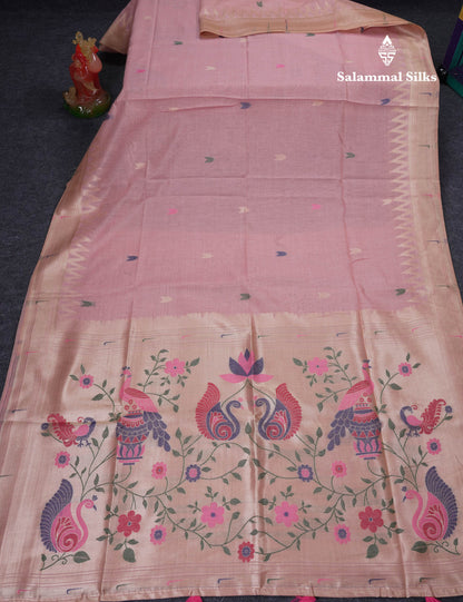 Beautiful Light Pink Muga Cotton Saree With Fancy Border