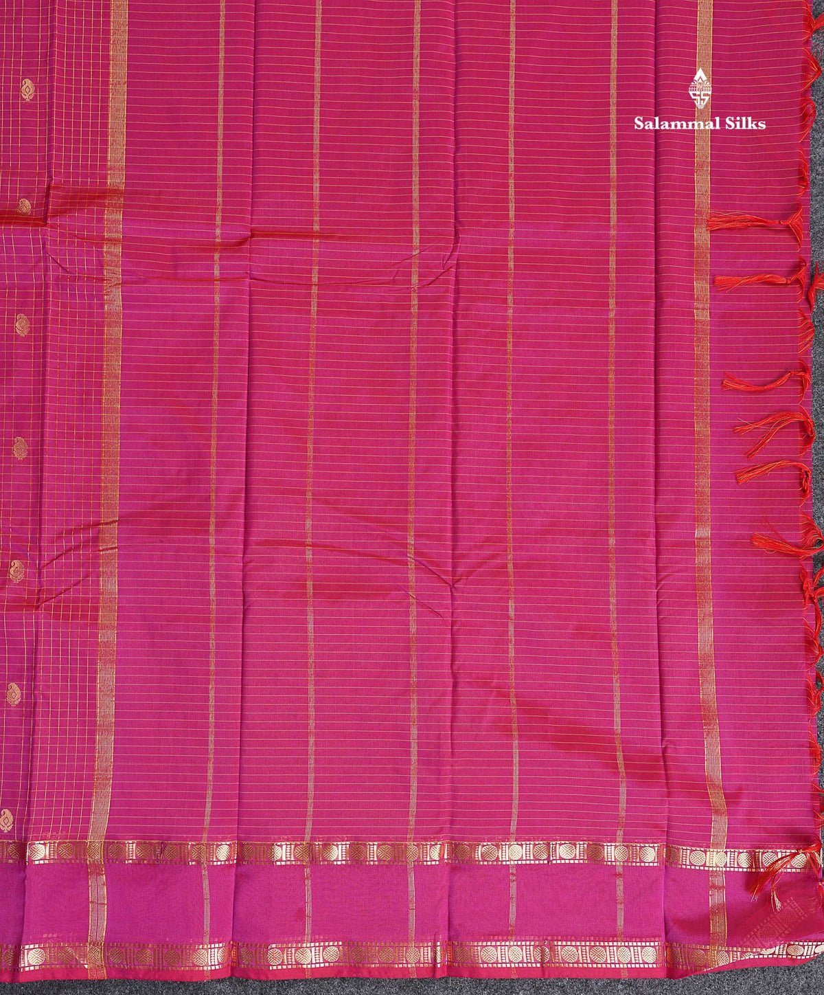Semi Silk Saree - Orange Colour Body Zari Checks With Butta & Traditional Rettapet Border