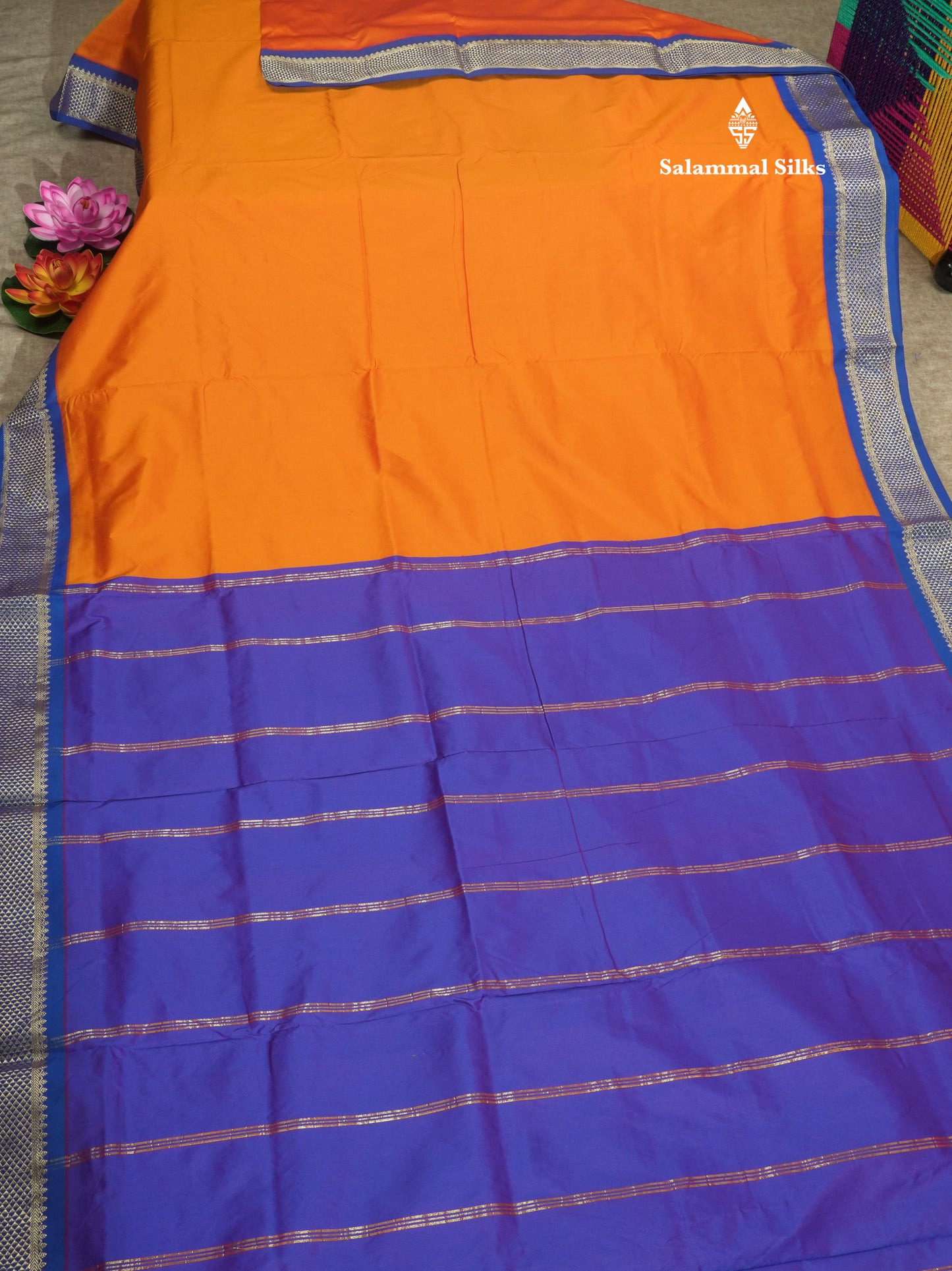 9.5 Yards Semi Silk Saree Rust Orange with Contrast Royal Blue Border