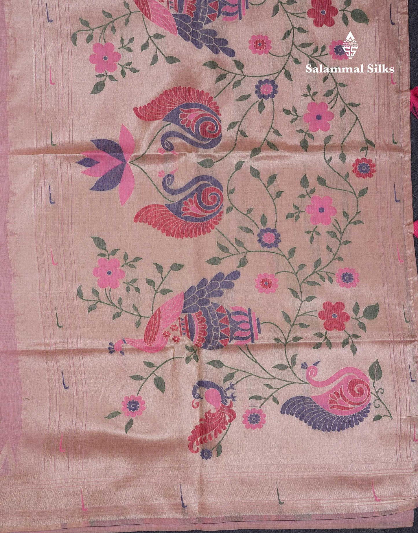 Beautiful Light Pink Muga Cotton Saree With Fancy Border