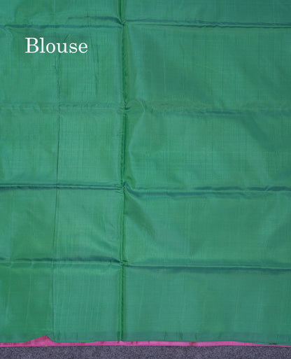 Light Pink Thread work Buttas Banana Pinth Saree (Vaazhainaar Pattu) With Contrast Saffire Green Blouse