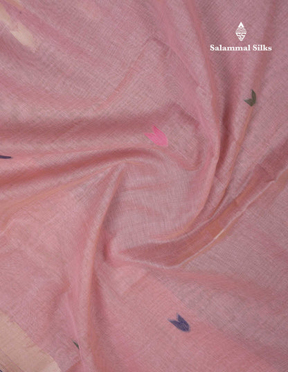 Beautiful Light Pink Muga Cotton Saree With Fancy Border