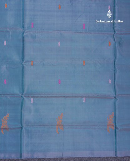Light Blue Thread work Buttas Banana Pinth Saree (Vaazhainaar Pattu) With Contrast Dark Peach Blouse
