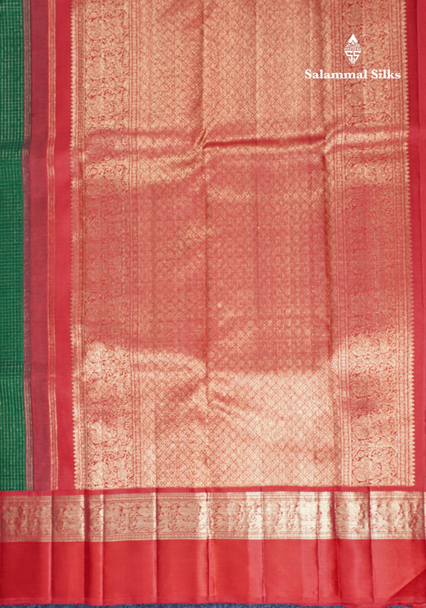 Bottle Green Beautiful Checks And Buttas Pure Kanjivaram Silk Saree Pure Zari with Traditional Red Korvai Border