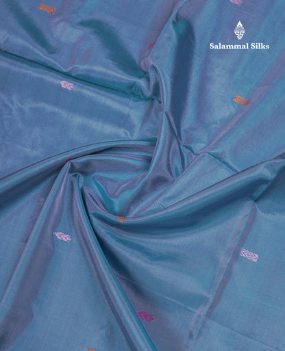 Light Blue Thread work Buttas Banana Pinth Saree (Vaazhainaar Pattu) With Contrast Dark Peach Blouse