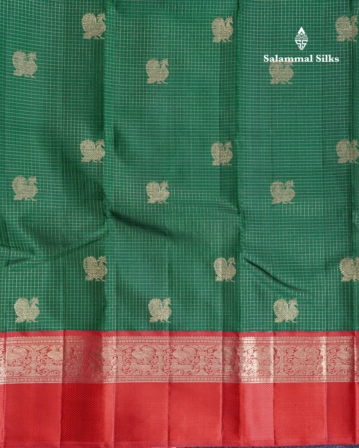 Bottle Green Beautiful Checks And Buttas Pure Kanjivaram Silk Saree Pure Zari with Traditional Red Korvai Border
