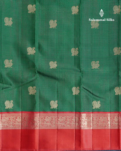 Bottle Green Beautiful Checks And Buttas Pure Kanjivaram Silk Saree Pure Zari with Traditional Red Korvai Border