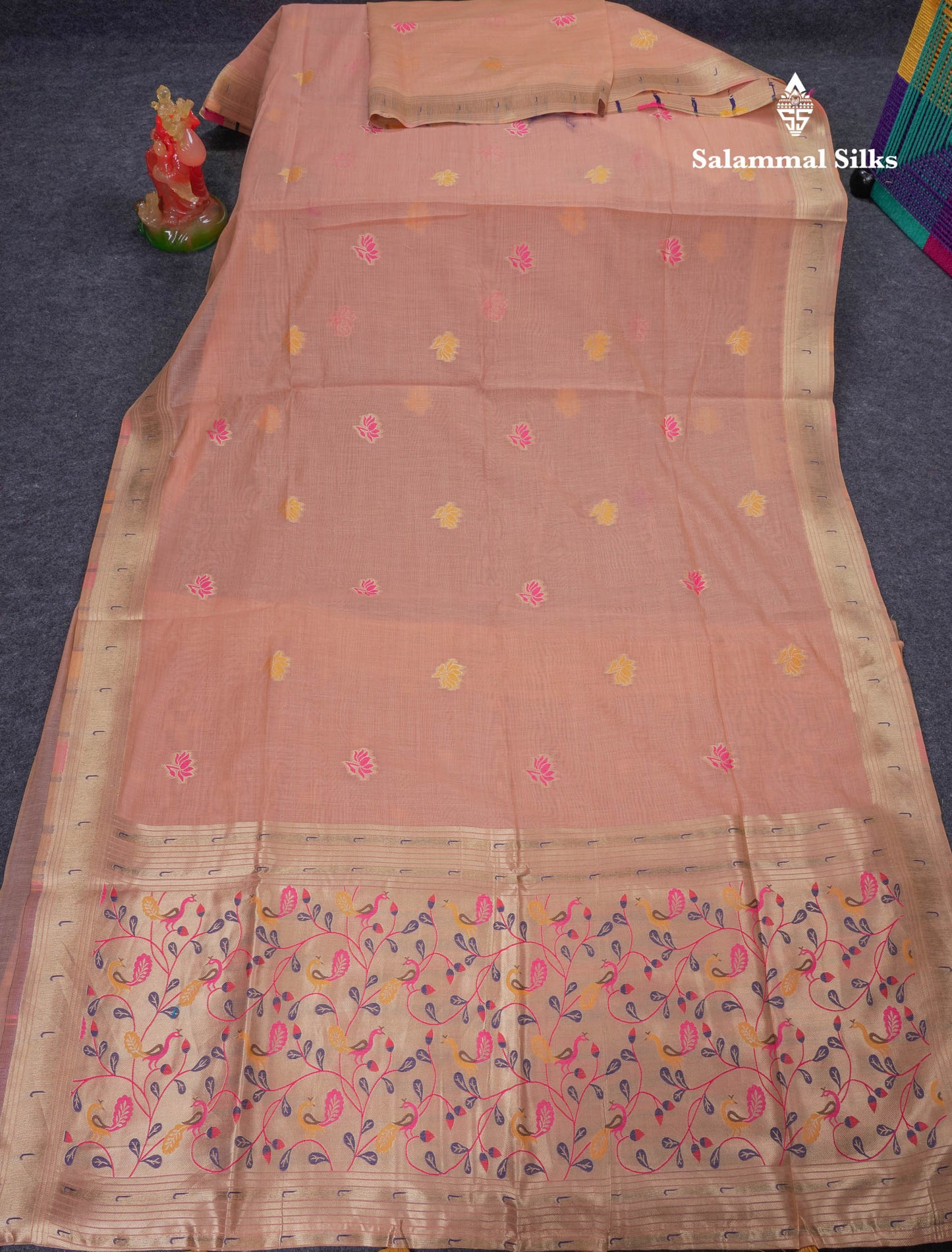 Beautiful Light Pink Muga Cotton Saree With Fancy Border